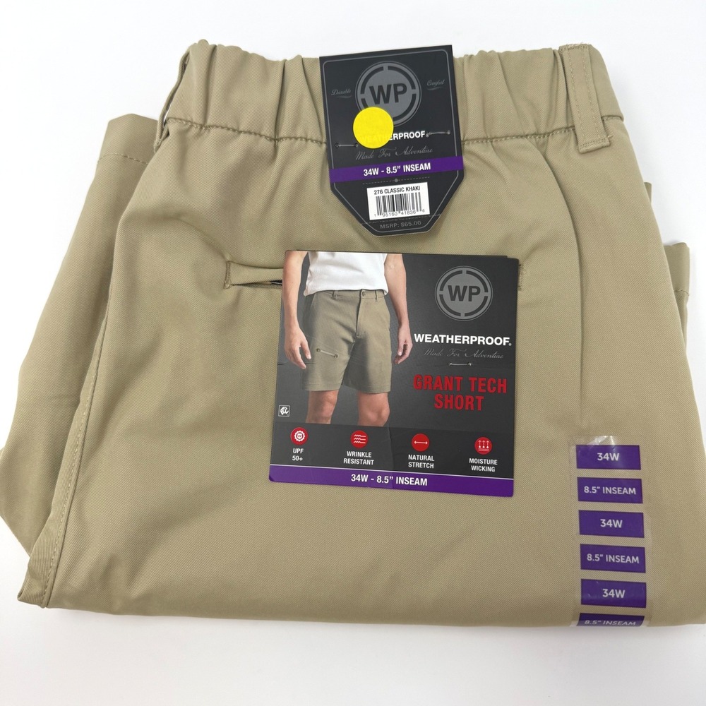 Weatherproof Mens Grant Tech Shorts 34W 8.5 Inseam Classic Khaki Tan NEW